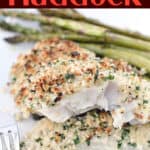 image for pinterest sharing of plated recipe with text overlay recipe title parmesan crusted haddock