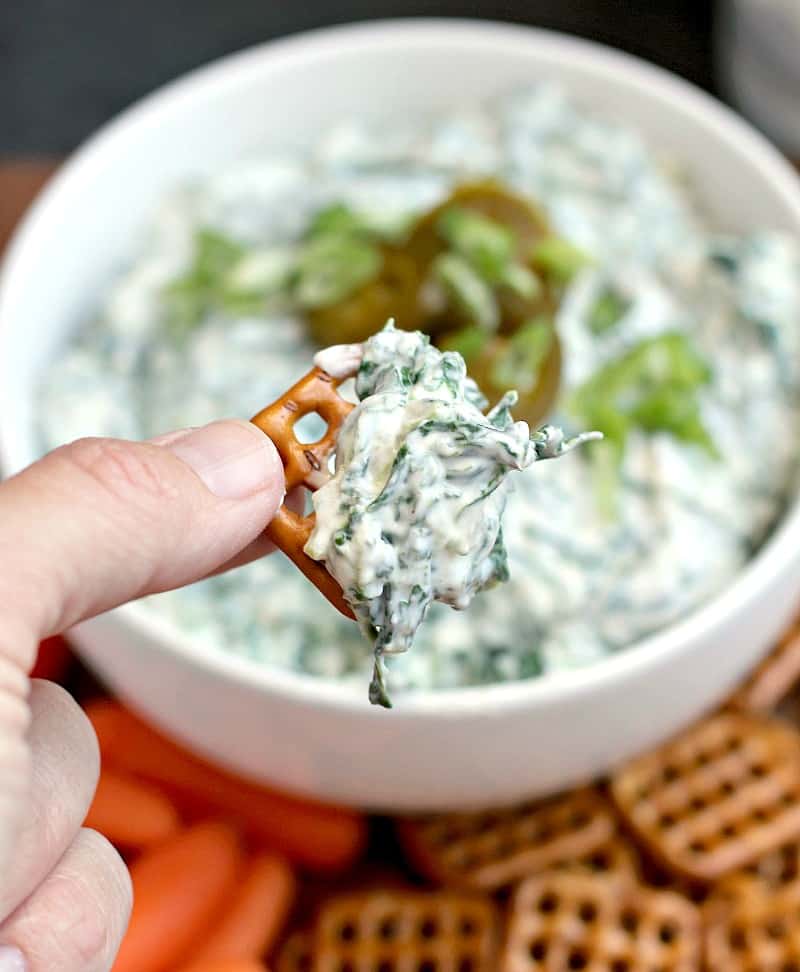 hand holding a pretzel with dip on it