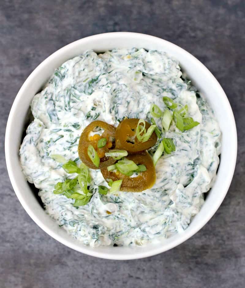 top down view of this recipe in a bowl topped with 3 slices jalapeno