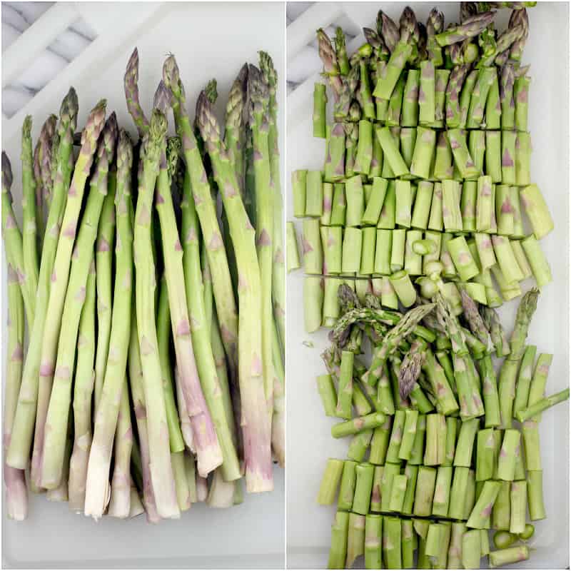collage of 2 photos: left, asparagus spears on a white cutting board; right, asparagus cut into pieces