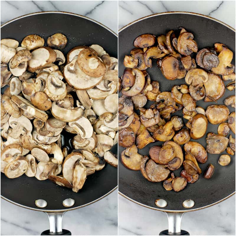 collage of 2 photos: left, raw mushrooms in skillet; right, browned mushrooms in skillet