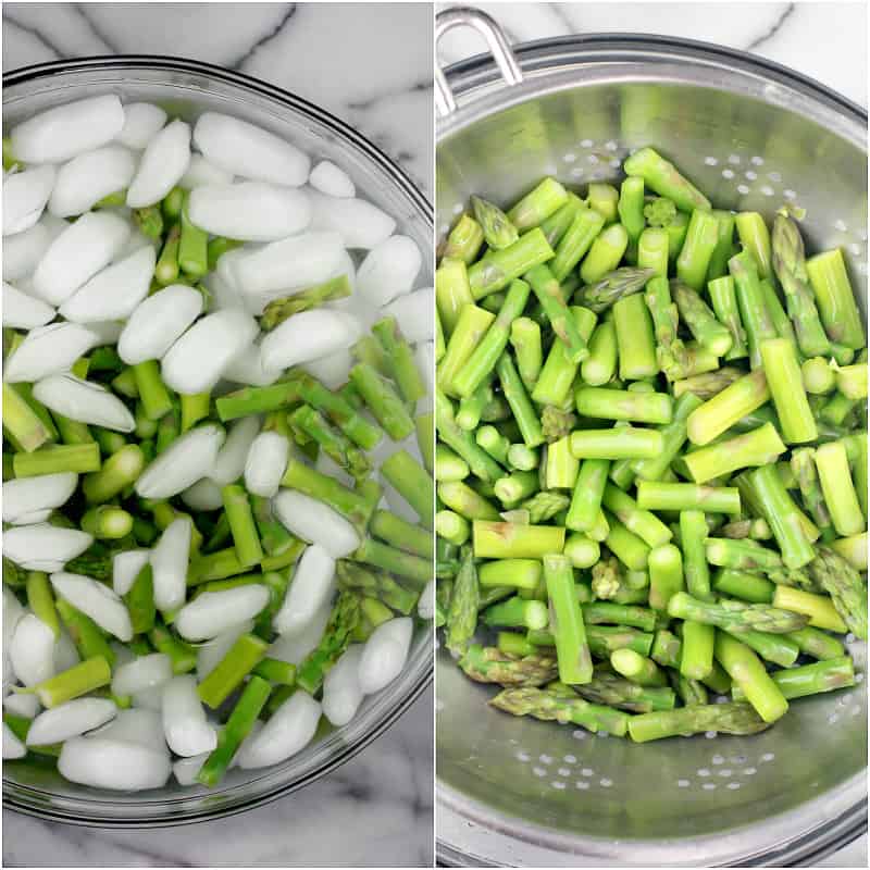 collage of 2 photos: left, asparagus in ice bath; right, asparagus in colander