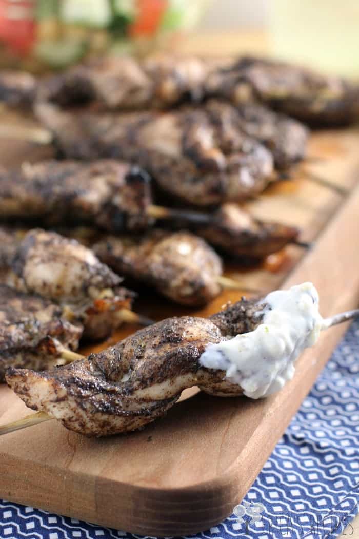Jerk Chicken Skewers with Pineapple Yogurt Dip