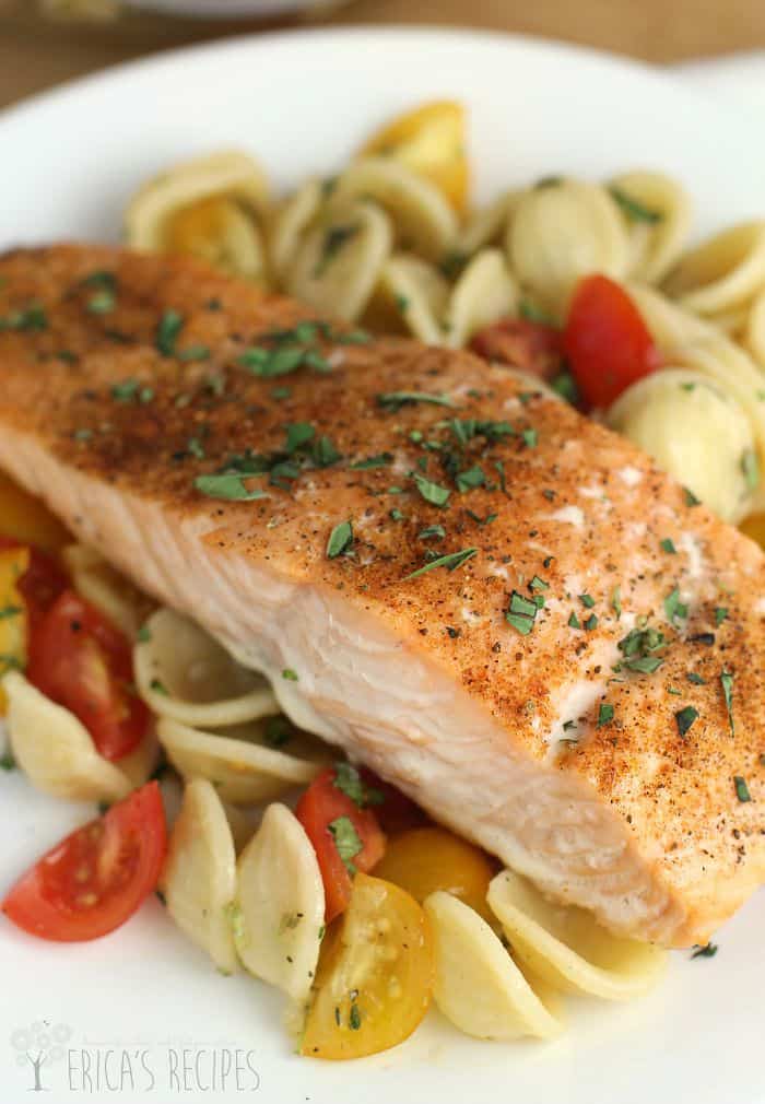 Easy Baked Salmon over Orecchiette with Raw Tomato Sauce
