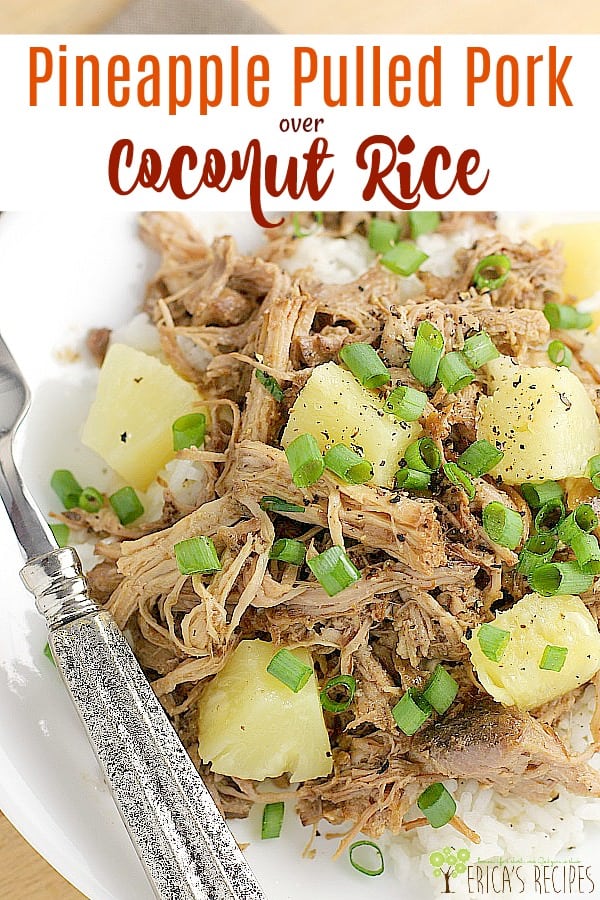 Tender pulled pork, cooked slowly to perfection in the crock-pot with Asian flavors and sweet pineapple, then served over quick and flavorful coconut rice. Let this very easy Pineapple Pulled Pork over Coconut Rice dinner take some of the stress out of your busy weeknight hell. #slowcooker #pulled pork #recipe #food #dinner #pineapplepork #coconutrice #crockpot