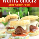image for pinterest with text overlay of recipe title Barbecue Meatball Waffle Sliders