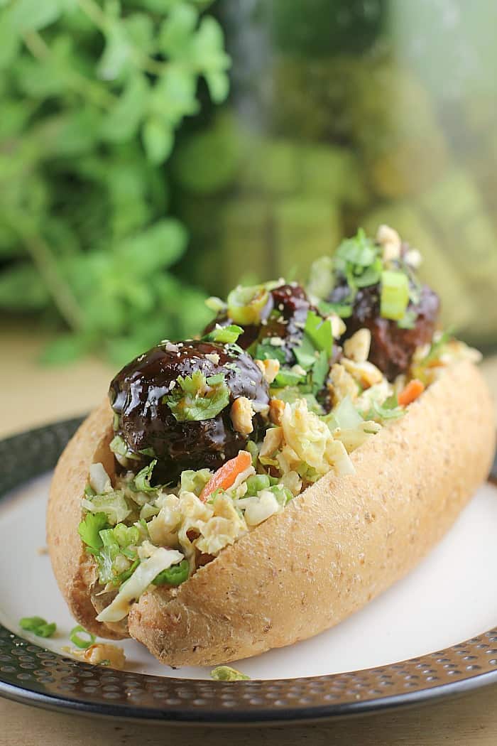Thai Chili Meatball Sliders with Peanut Slaw