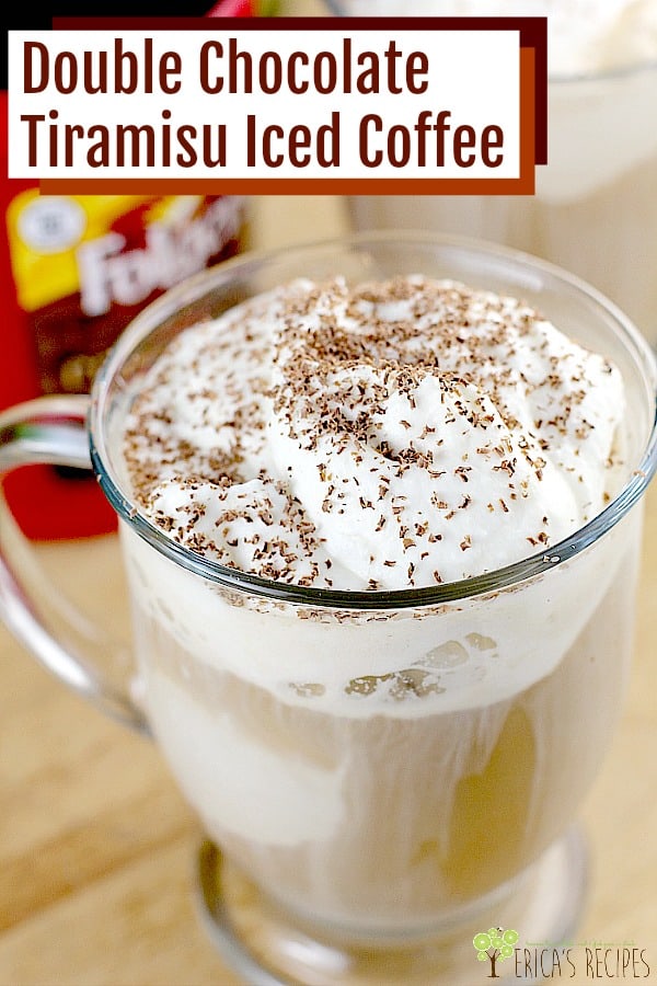 Double Chocolate Tiramisu Iced Coffee. Robust iced coffee, poured over coffee ice cream and topped with a decadent white chocolate mascarpone cream. Finish with milk chocolate sprinkled on top and you have a cool, dreamy, inspired tiramisu recipe to savor. #coffee #drink #food #recipe #dessert #sweet #tiramisu #chocolate