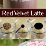 long collage image for sharing on pinterest with multiple photos and text overlay recipe title Red Velvet Latte