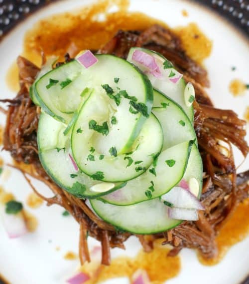Hoisin Honey Pulled Pork with Pickled Cucumber Salad #DonVictorHoney #HoneyForHolidays #ad