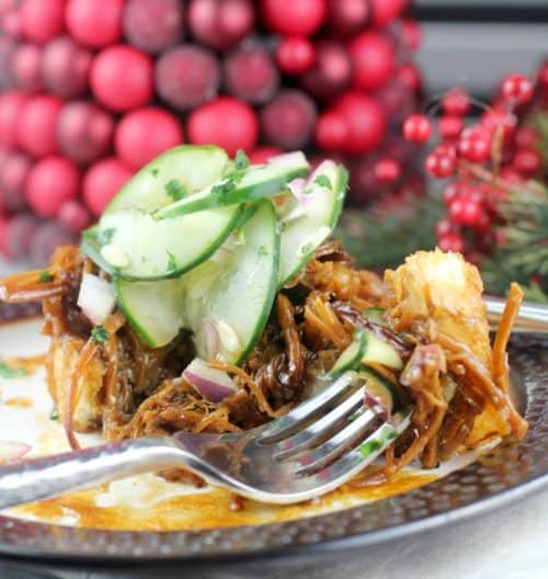 Hoisin Honey Pulled Pork with Pickled Cucumber Salad #DonVictorHoney #HoneyForHolidays #ad