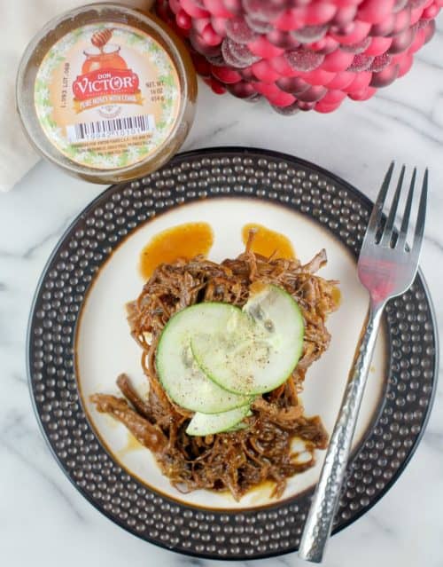 Hoisin Honey Pulled Pork with Pickled Cucumber Salad #DonVictorHoney #HoneyForHolidays #ad