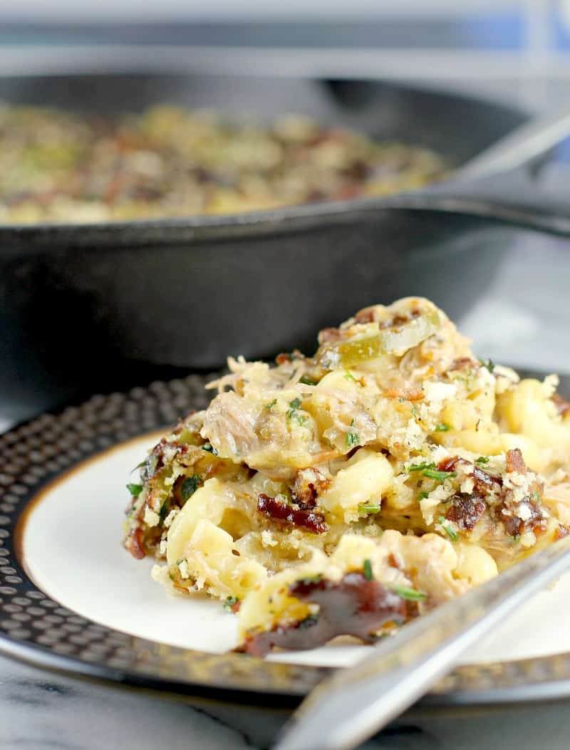 Pulled Pork Macaroni and Cheese with Crispy Bacon and Herb Topping