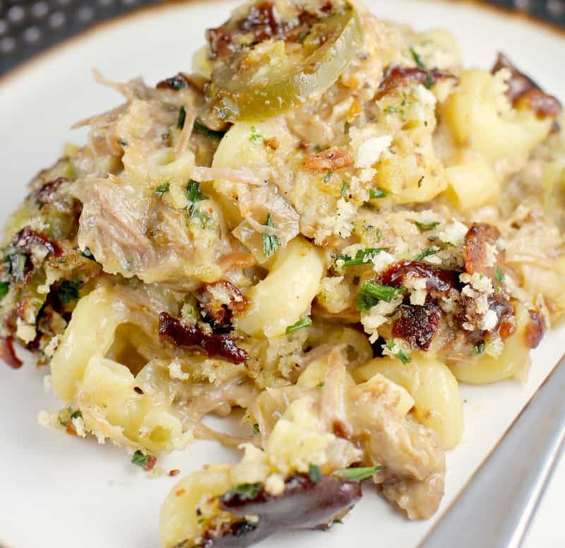 Pulled Pork Macaroni and Cheese with Crispy Bacon and Herb Topping