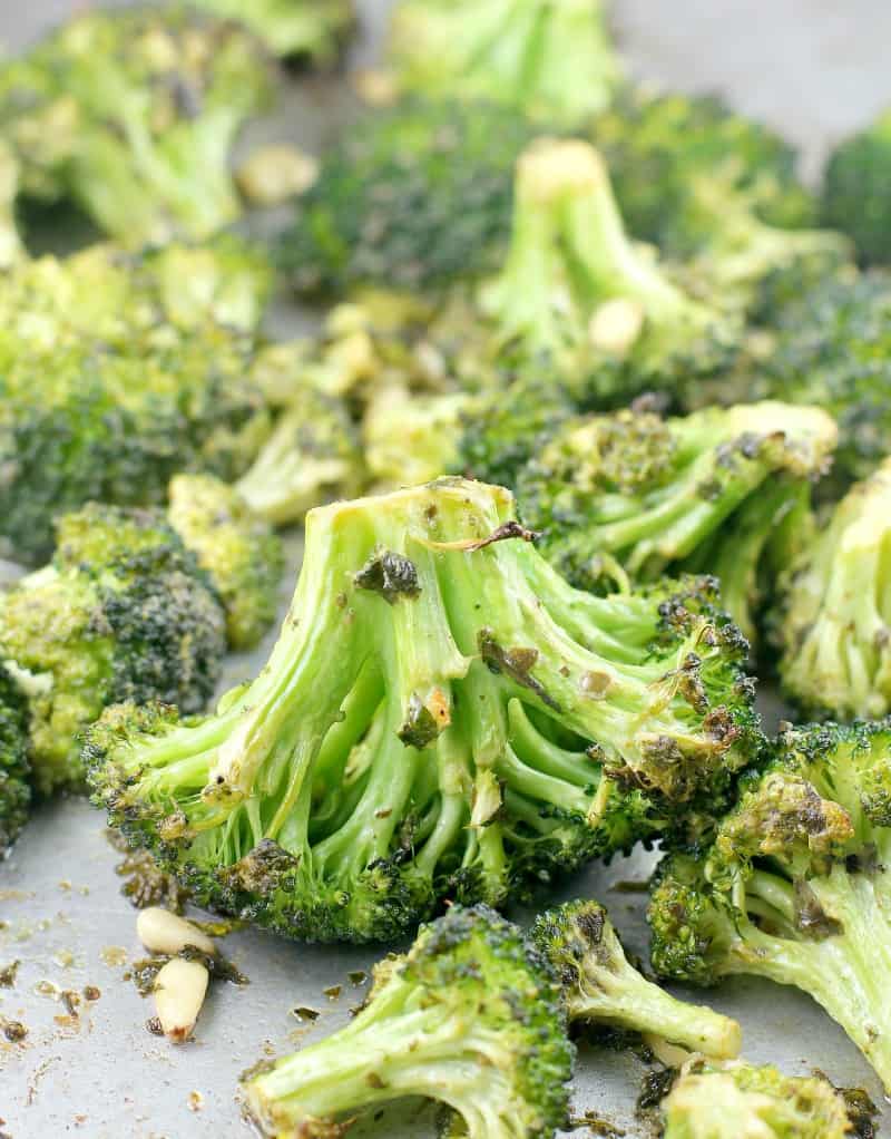 Oven Roasted Broccoli in Dijon Pesto Vinaigrette
