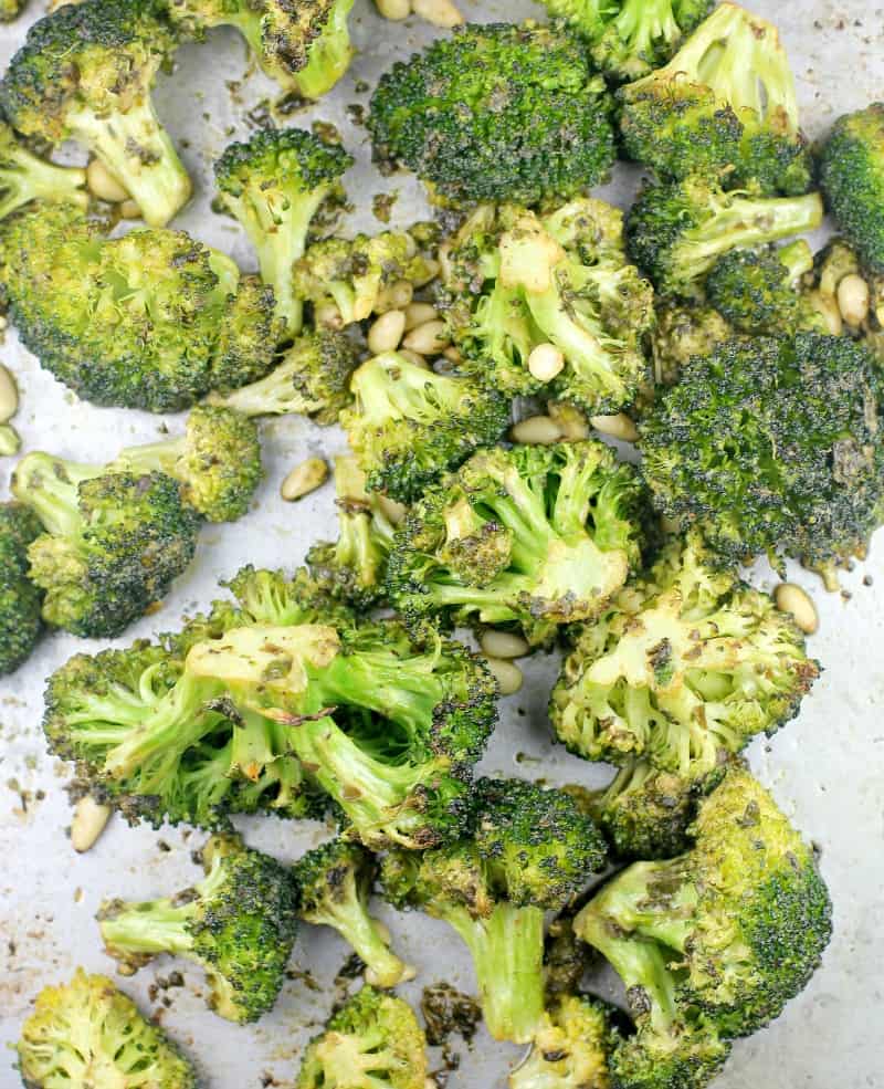 Oven Roasted Broccoli in Dijon Pesto Vinaigrette
