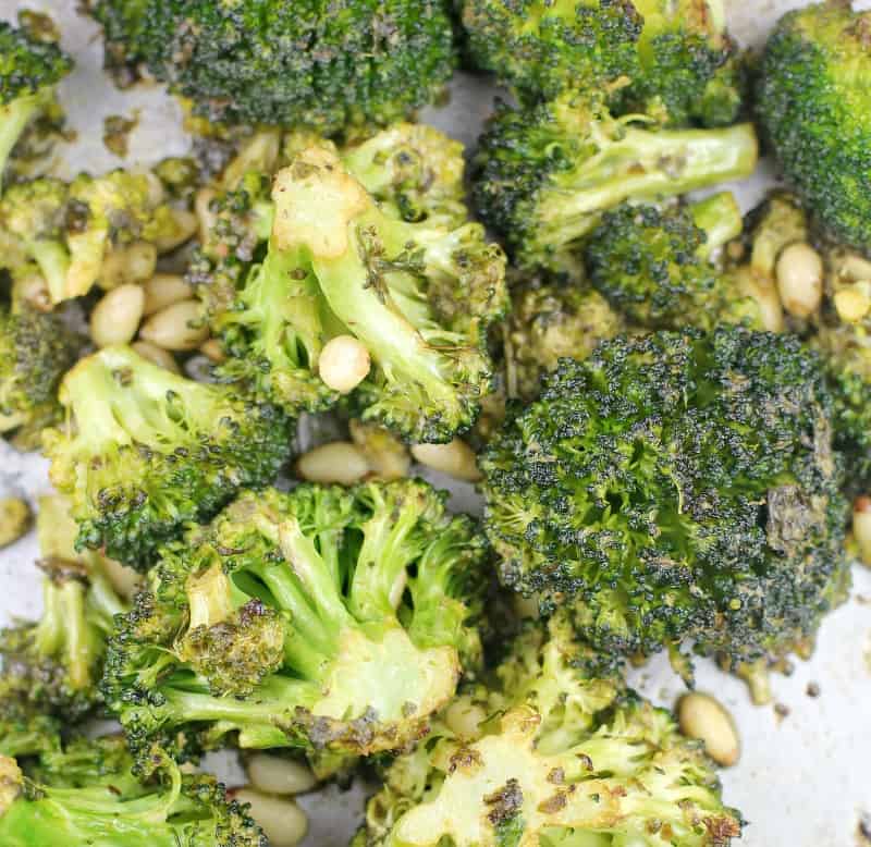 Oven Roasted Broccoli in Dijon Pesto Vinaigrette