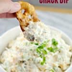 pin image with text overlay cheddar bacon crack dip