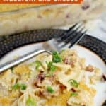 pin image with text overlay Cranberry Chorizo Macaroni and Cheese