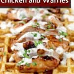 pin image with text overlay Honey Beer BBQ Chicken and Waffles