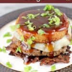 pin image with text overlay BBQ Burger with Bacon Weave and Smoked Gouda Grit Cake
