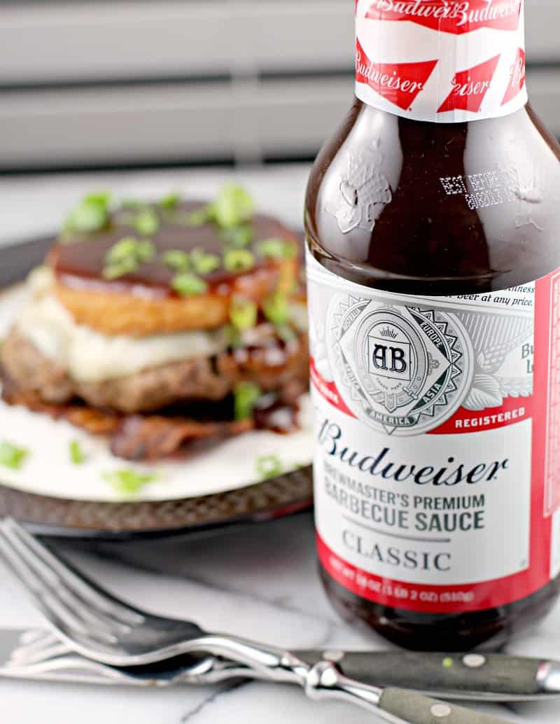 Low Country BBQ Burger with Bacon Weave and Smoked Gouda Grit Cake