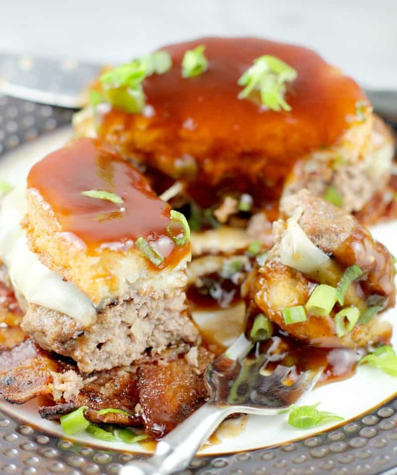 Low Country BBQ Burger with Bacon Weave and Smoked Gouda Grit Cake
