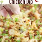pin image with text overlay recipe title Buffalo Bacon Chicken Dip