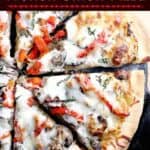 image for pinterest of finished recipe with text overlay French Onion Pizza
