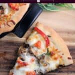 image for pinterest of finished recipe with text overlay French Onion Pizza