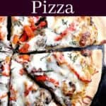 image for pinterest of finished recipe with text overlay French Onion Pizza