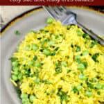 image for pinterest with text overlay Simple Rice with Turmeric and Peas