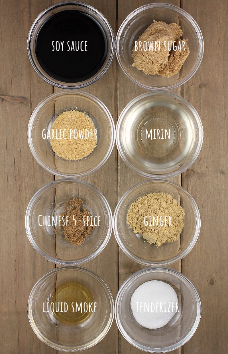 ingredients for teriyaki marinade in glass bowls