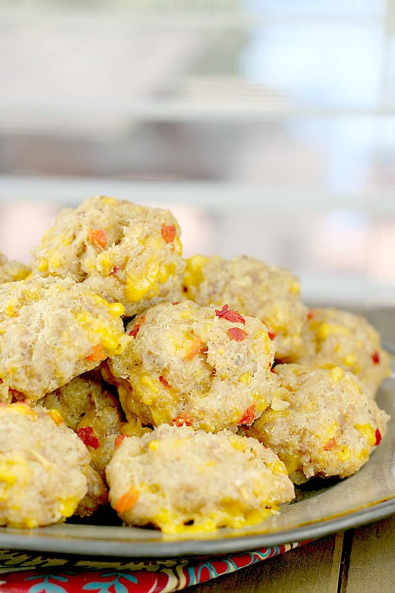 sausage balls on a plate, side view