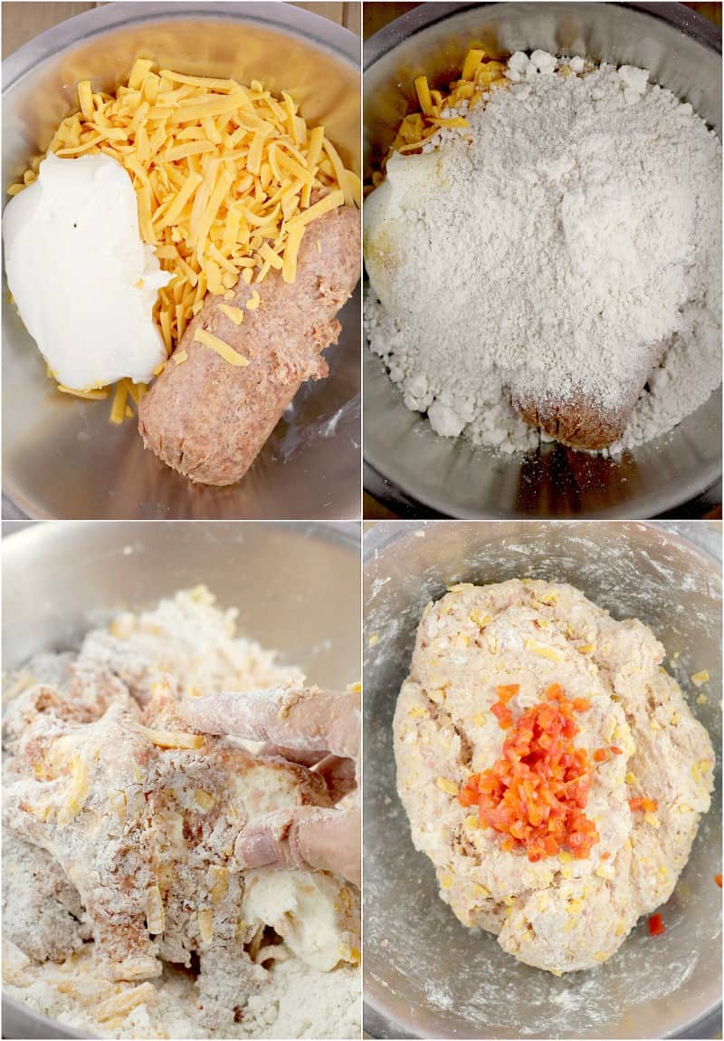 collage of 4 photos: ingredients in a mixing bowl; bisquik added; hand mixing the ingredients; fully mixed sausage ball dough