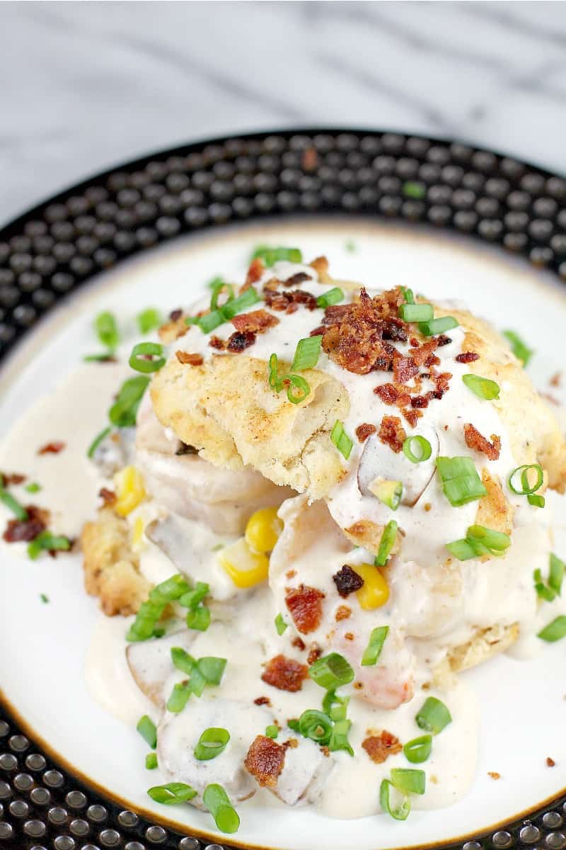 Shrimp Gravy over Cheddar Bay Bacon Biscuits