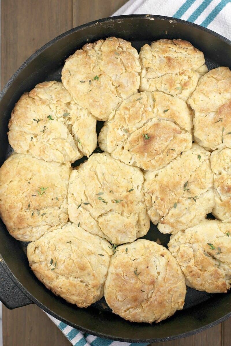 top down view into a pan with golden cooked biscuits