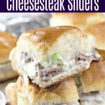 image for pinterest with text overlay Grilled Philly Cheesesteak Sliders