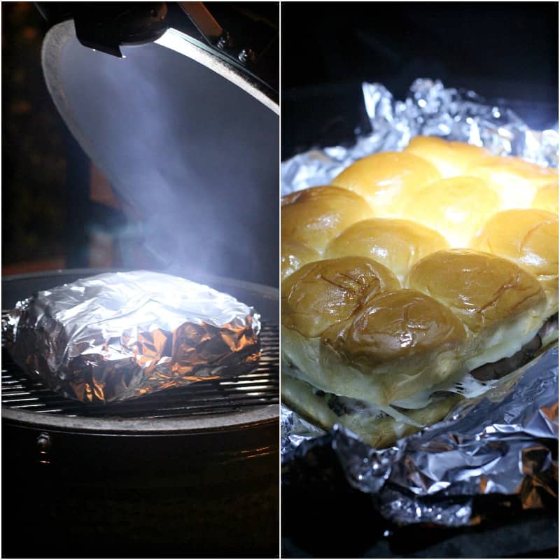 collage of 2 photos: left, foil packet ion big green egg surrounded by smoke; right, opened foil on grill showing sliders cooking