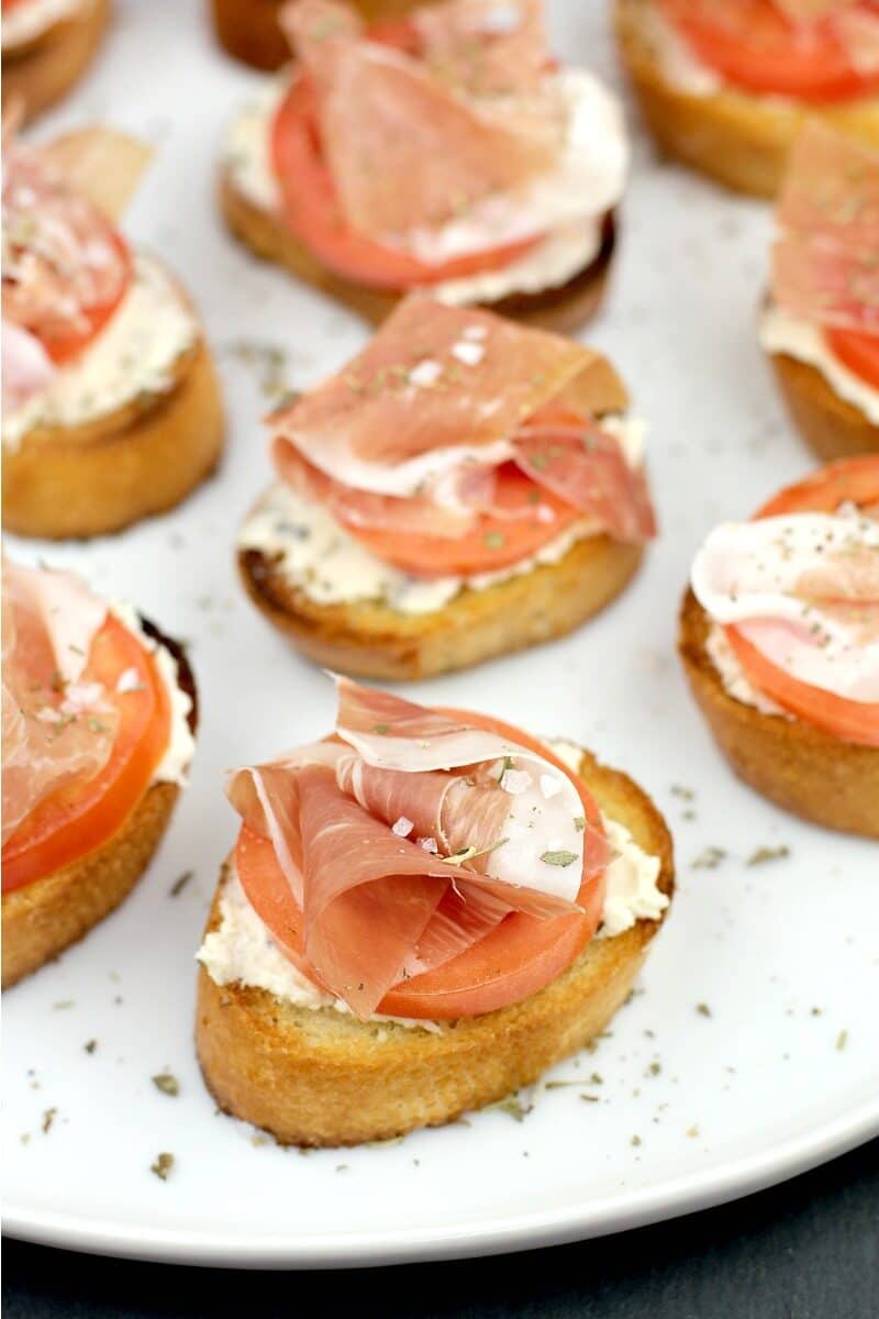prosciutto crostini on a plate
