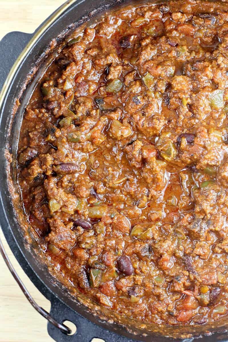 top down view into Dutch oven of smoked chili