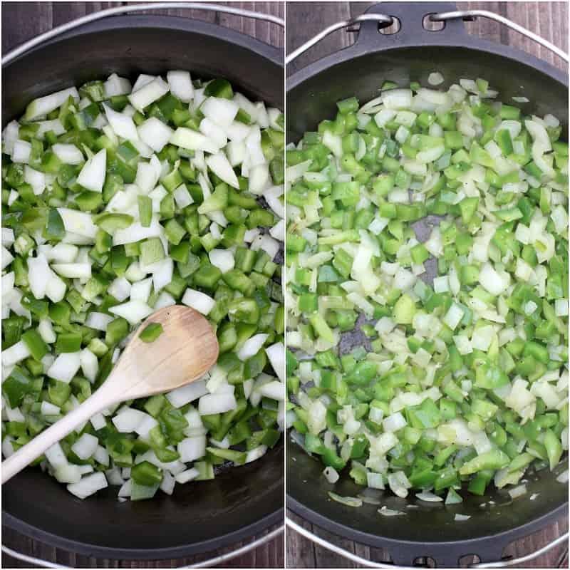 collage of 2 photos: left, uncooked onion and bell pepper in Dutch oven with wooden spoon; right, cooked veggies