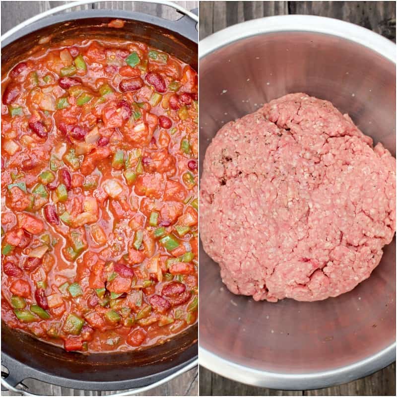 collage of 2 photos: left, assembled chili base in Dutch oven; right, assembled ground beef meatball in metal bowl