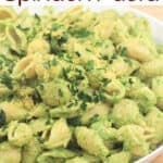 image for pinterest sharing with text overlay recipe title Avocado Spinach Pasta
