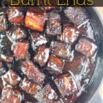 image for pinterest with text overly recipe title pork belly burnt ends