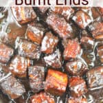 image for pinterest with text overly recipe title pork belly burnt ends