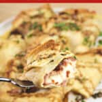 image for pinterest of prepared recipe with text overlay Crepes with Prosciutto and Cheese
