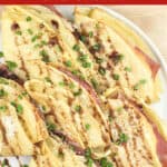 image for pinterest of prepared recipe with text overlay Crepes with Prosciutto and Cheese