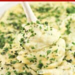 image for pinterest sharing with text overlay recipe title Gruyere, Garlic, and Gouda Mashed Potatoes
