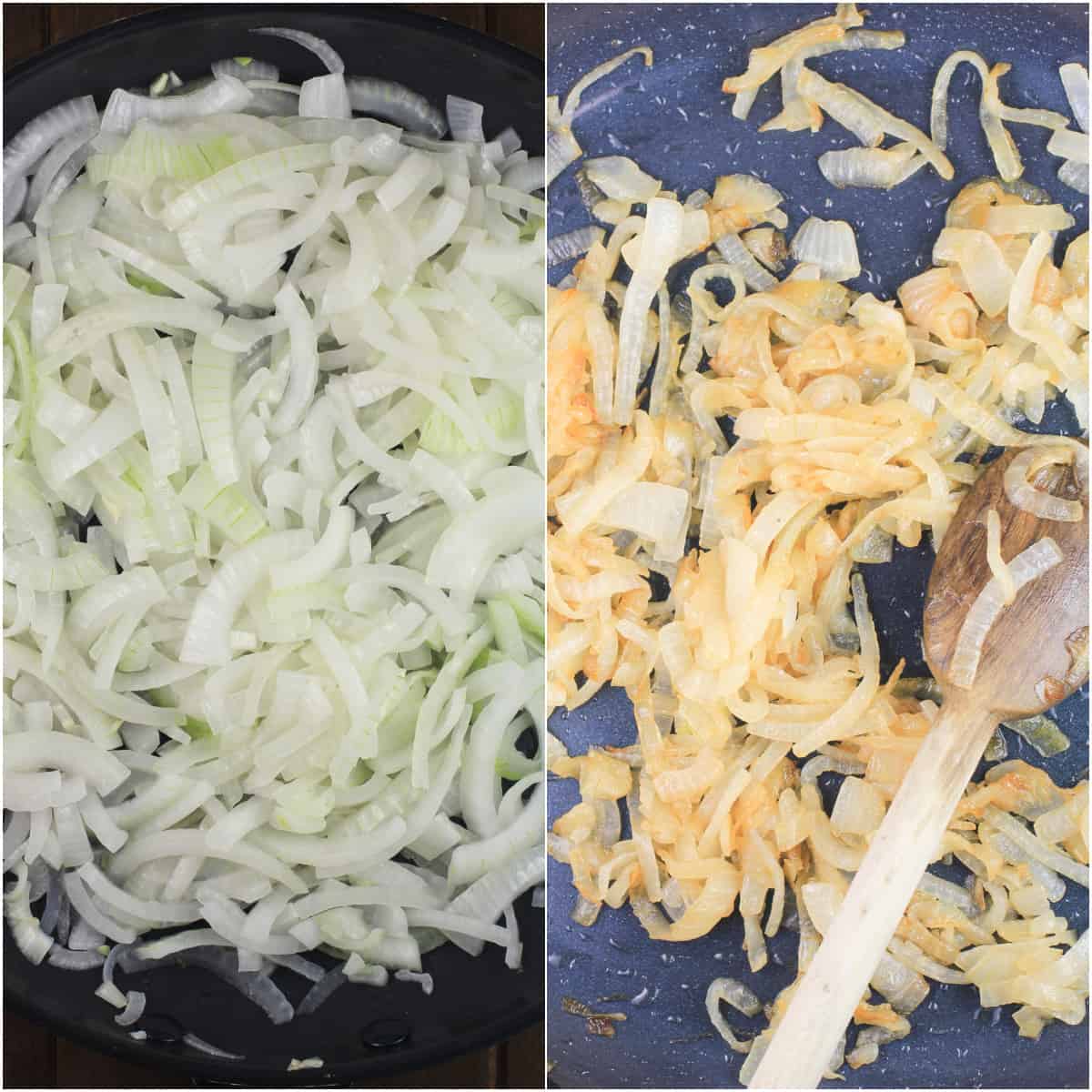 collage of 2 photos showing uncooked and cooked caramelized onion in skillet